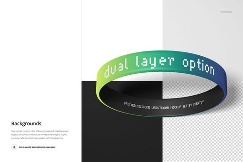 Silicone wristband mockup with a dual layer design in green and blue, shown in a front angled view over a split black and white background.
