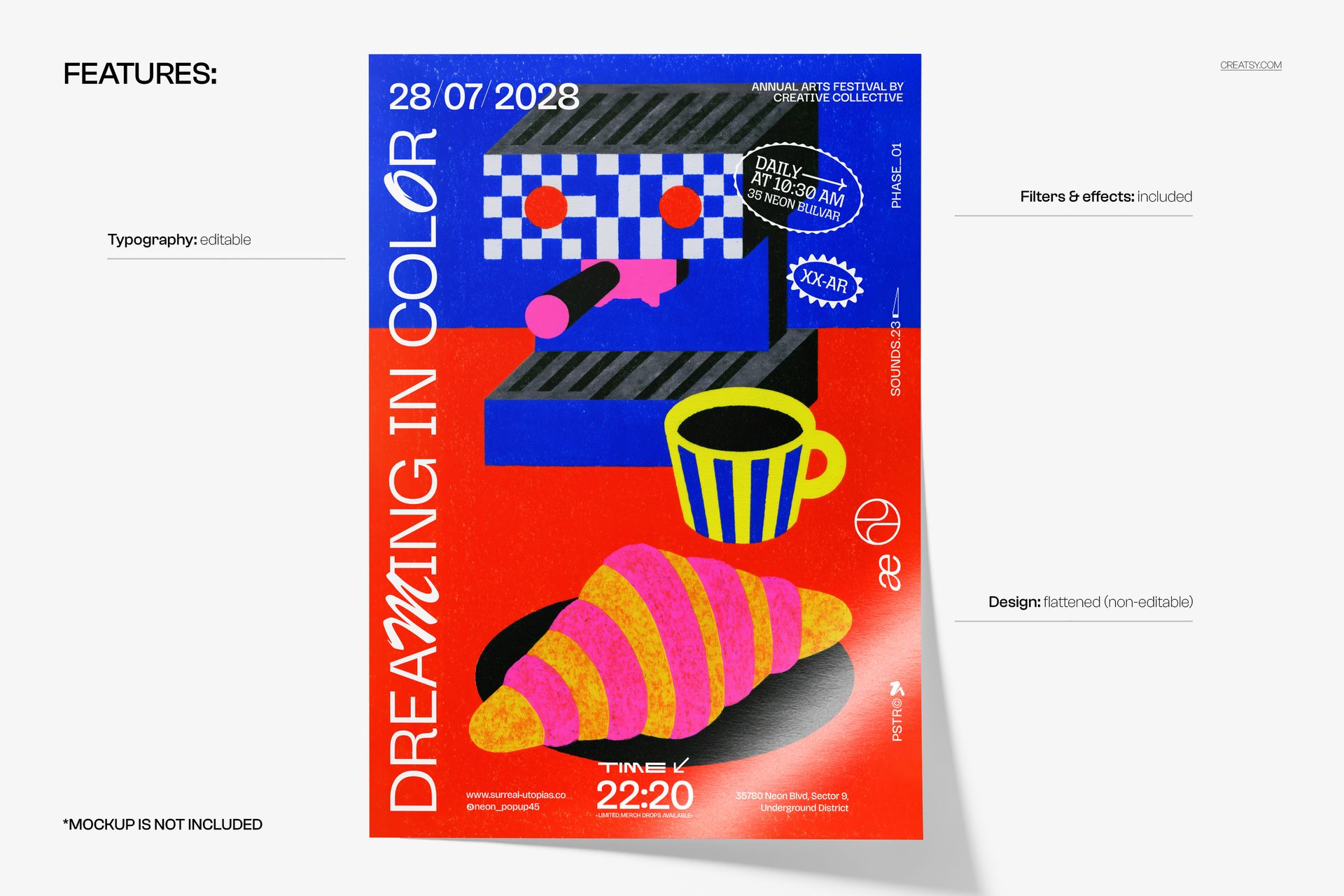 PSD mockup showing a colorful poster design with a striped croissant, coffee cup, and abstract patterns on a vibrant background.