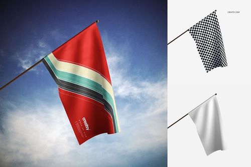 House flag mockup featuring a red flag with multicolored stripes on a wooden pole against a blue sky background.