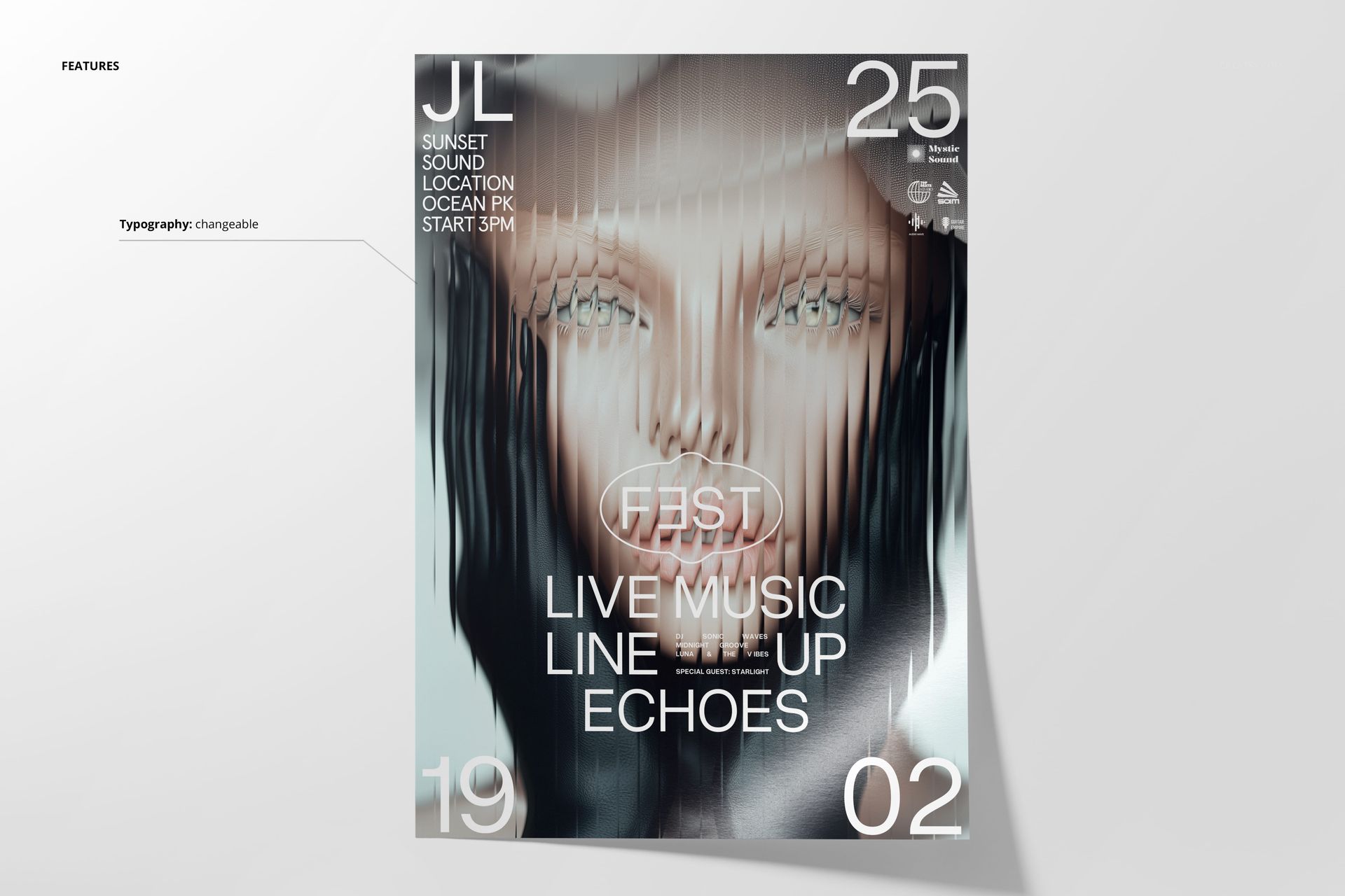 Front view of a poster mockup with abstract dark vertical lines, white text elements, and a large central blurred area.
