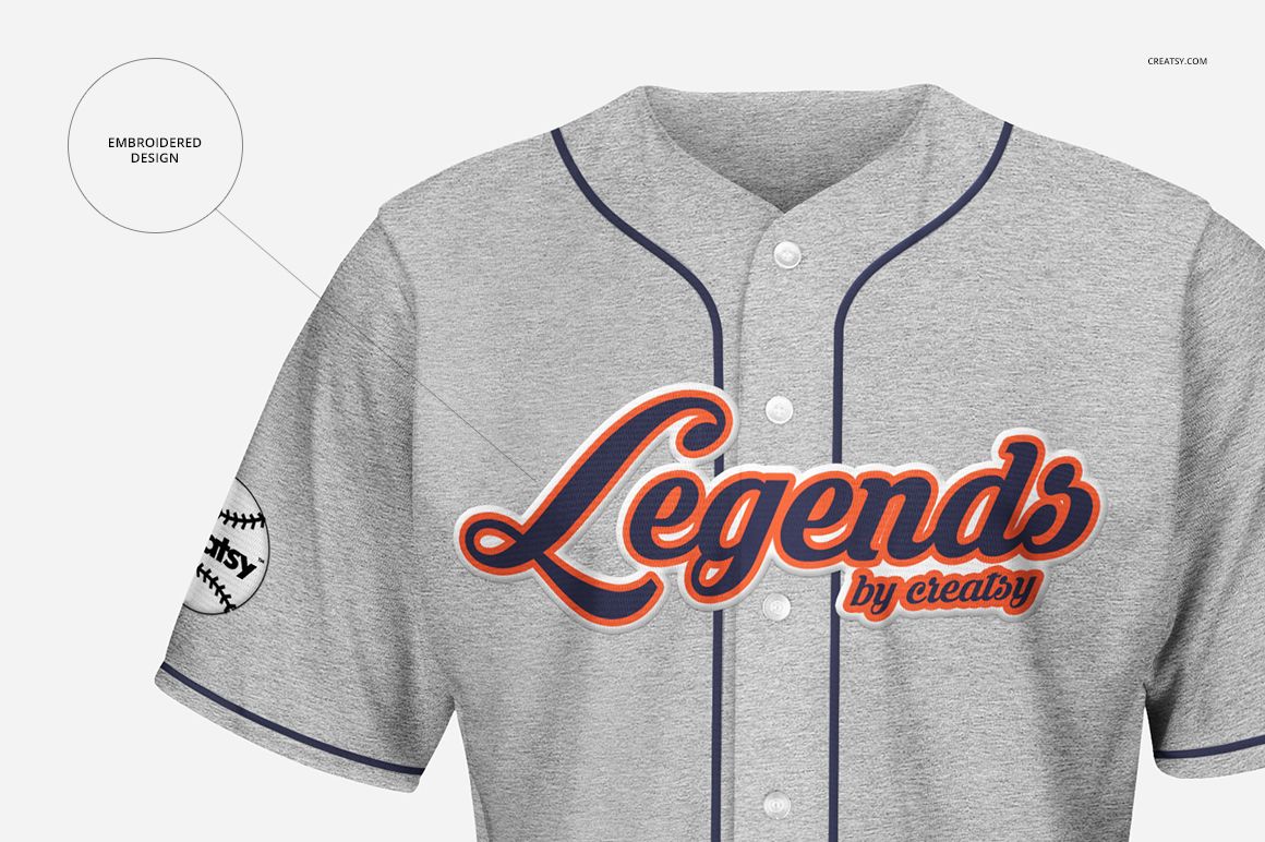 Front view of a gray baseball jersey mockup with navy piping, button closure, and embroidered text design on chest.