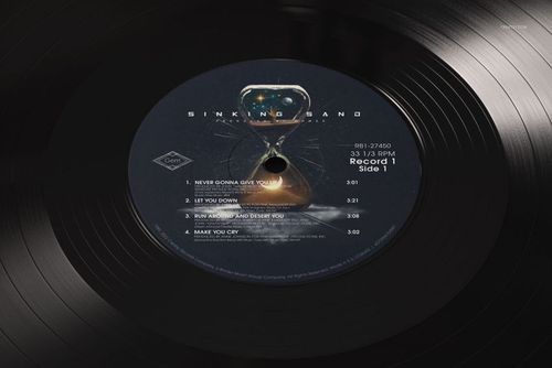 Close-up of a black vinyl record mockup with a custom label including tracklist and hourglass graphic in the center.