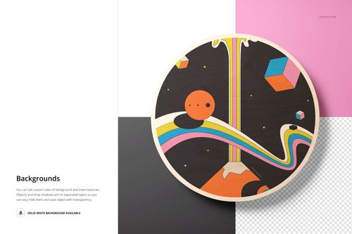 Circular plywood wall art mockup displaying vibrant abstract patterns, rainbow curves, and geometric cubes on a black surface.