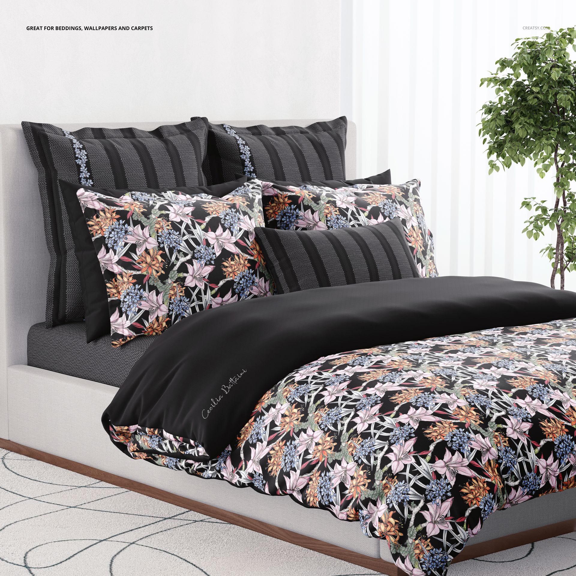 PSD mockup of a bedroom with a neatly made bed, floral duvet cover, striped pillows, and a green plant beside it.