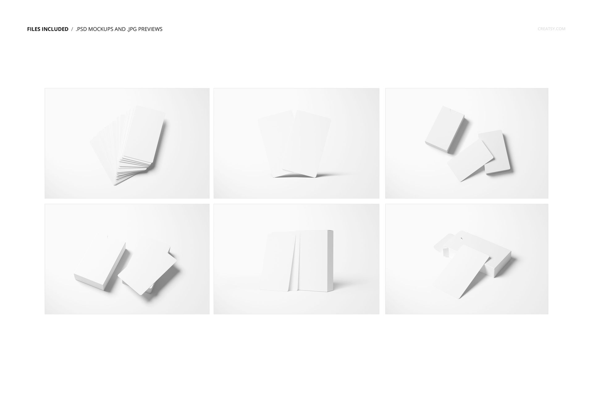 Set of blank tarot card mockups displayed in six arrangements on a white background, showing various perspectives.