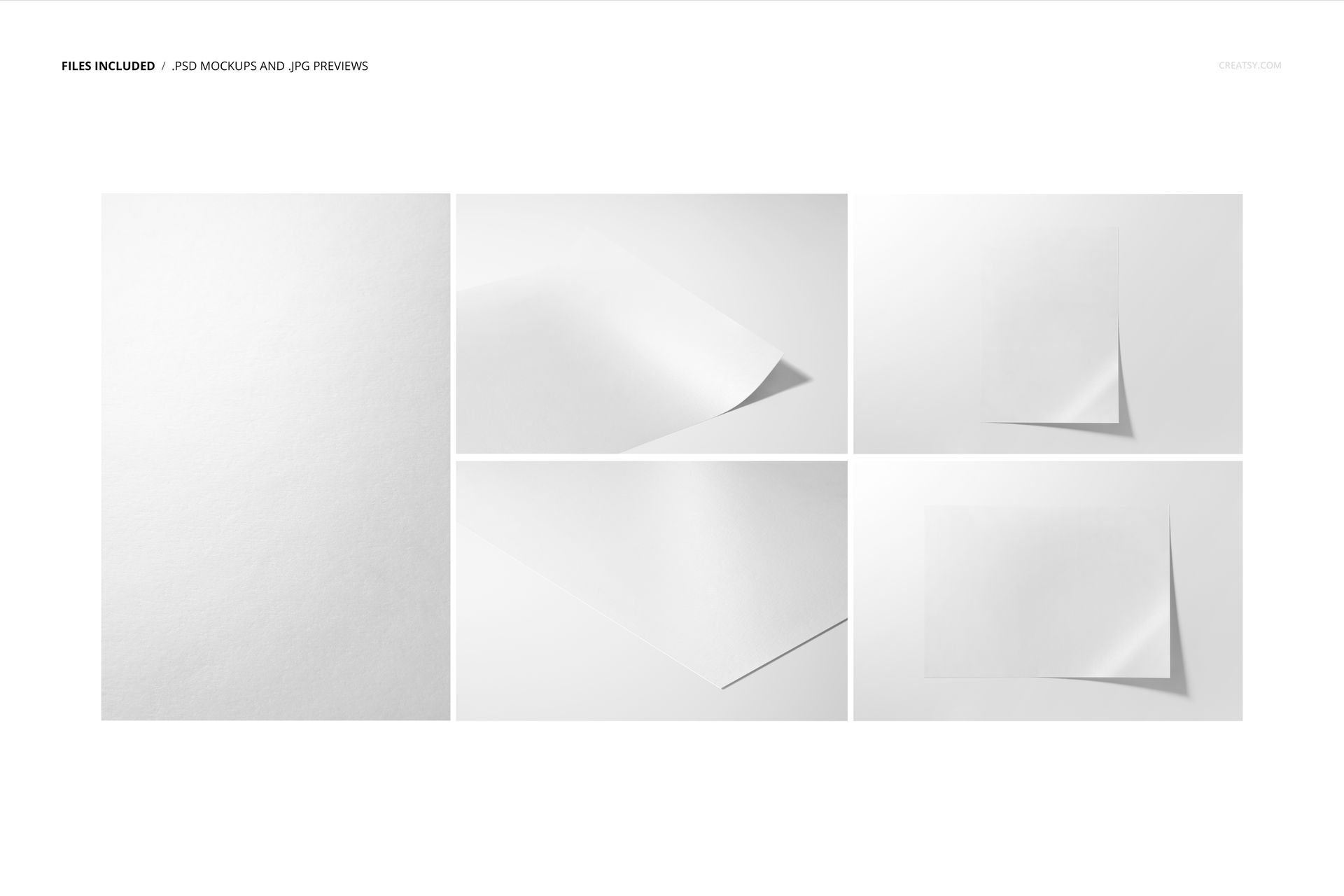 Set of five white fine art print mockups on A3 paper, showing different angles and perspectives on a plain background.