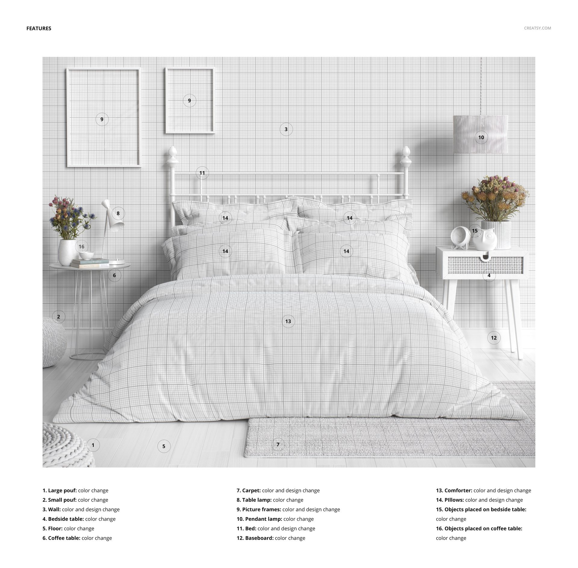 Front view of a modern bohemian bedroom bedding mockup featuring a bed with grid-patterned linens, bedside tables, and floral decor.