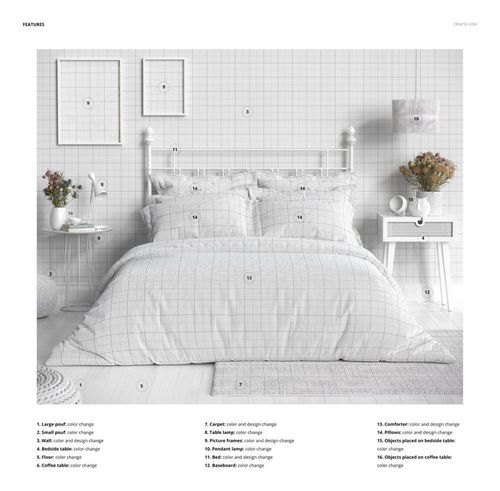 Front view of a modern bohemian bedroom bedding mockup featuring a bed with grid-patterned linens, bedside tables, and floral decor.