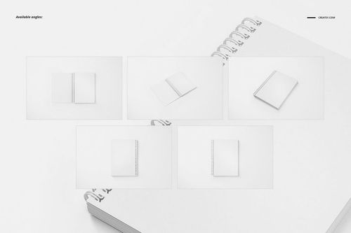 A5 spiral notebook mockup set with square holes and corners, shown in five different white perspectives on a clean background.