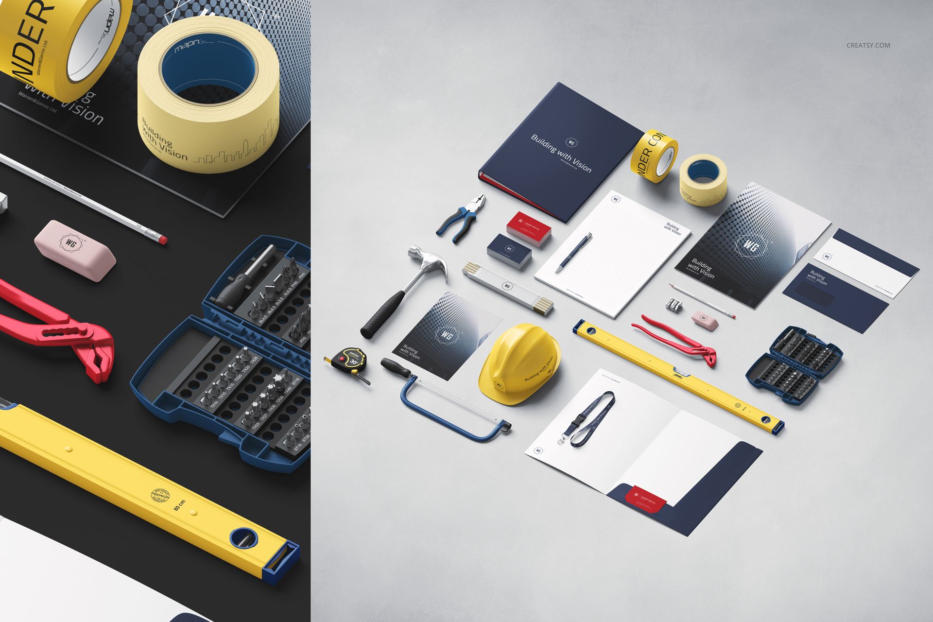 Construction company identity mockup set displaying stationery, tools, and branded items arranged on a flat surface.