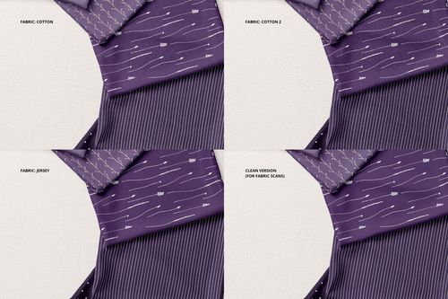 Folded fabric mockup featuring four sections with purple textiles, each showing different textures and patterns.
