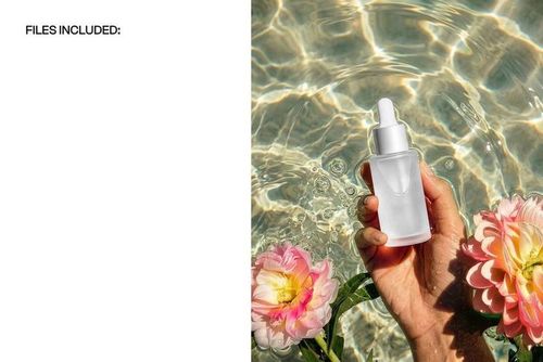 Hand holding a frosted dropper bottle in clear water with ripples and pink flowers, front view mockup scene.