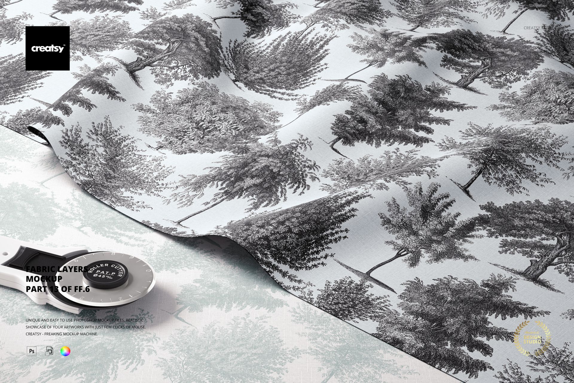 Layered fabric mockup featuring a black and white tree pattern on soft textile, shown from a front angled view.