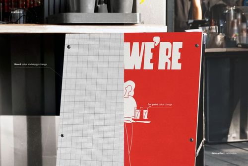 Outdoor advertising A-stand mockup featuring a split design with grid pattern on the left and red graphic on the right.