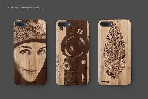 Wooden phone case PSD mockup set with three different engraved designs, presented on a neutral gray background.