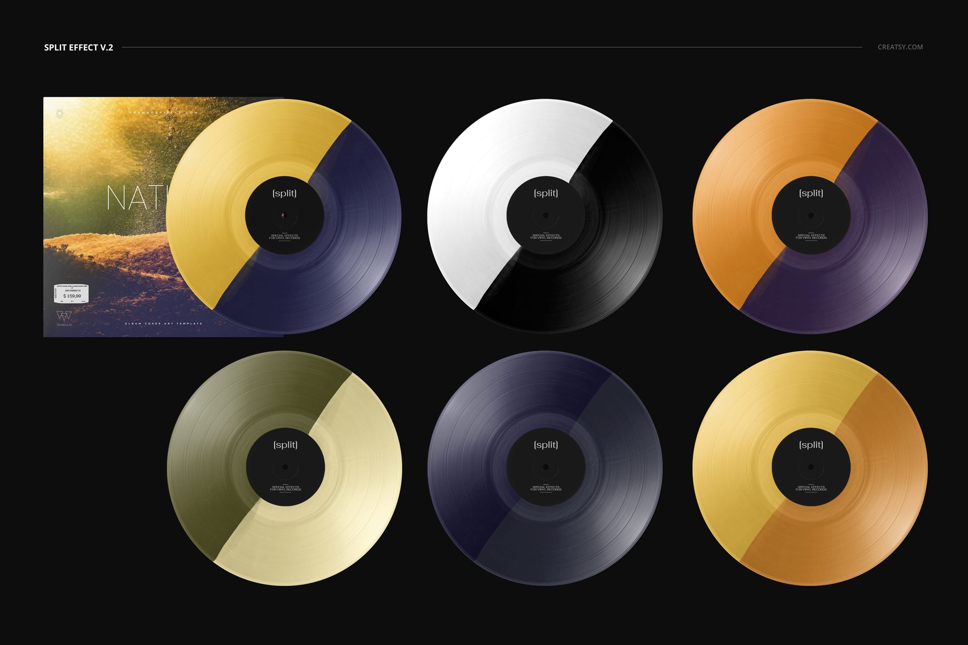 Front view of six vinyl records with split color effects in various combinations, shown alongside a matching cover mockup on a black background.