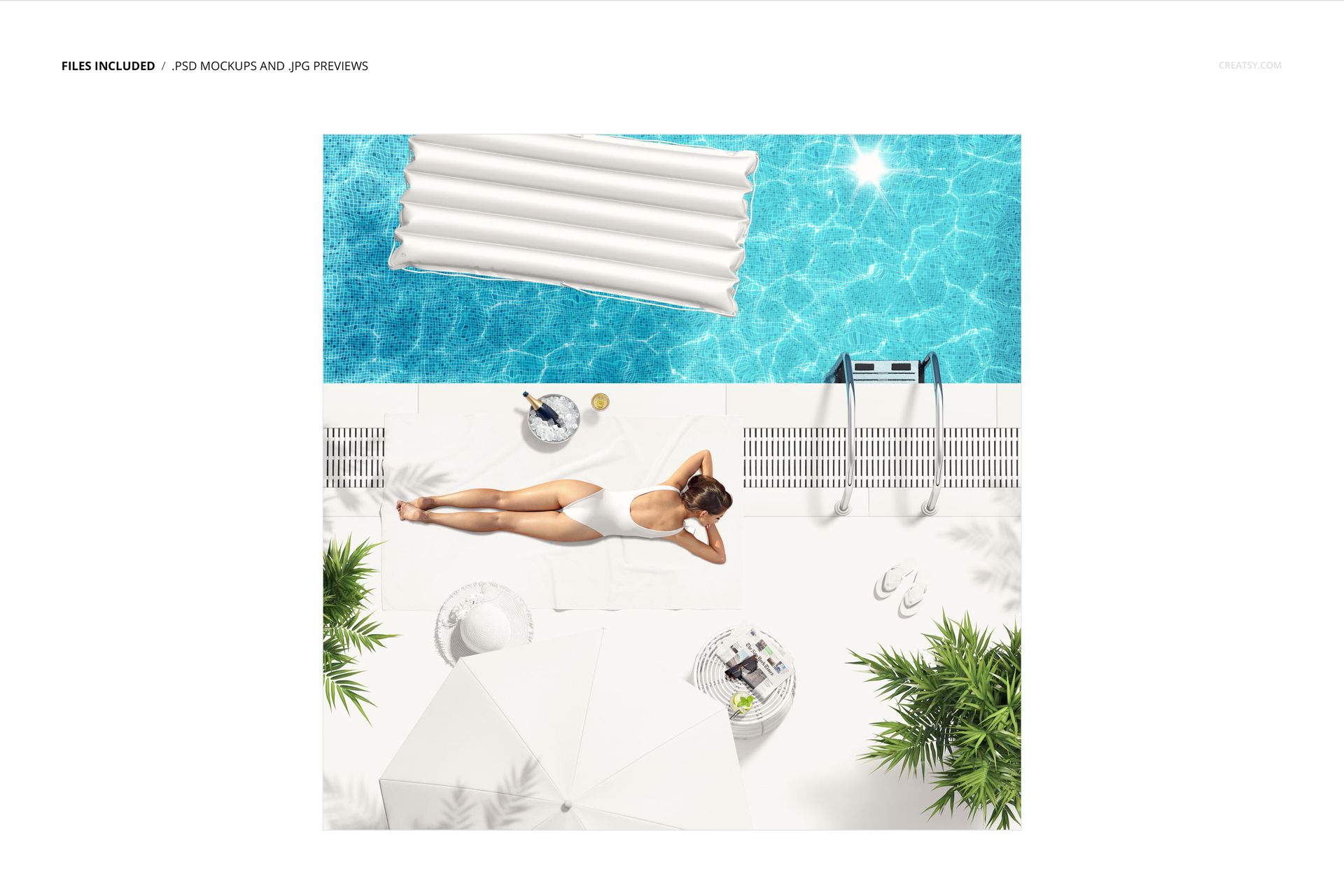 PSD mockup showing a poolside recreation area with a towel, sunbather, inflatable float, and surrounding props.