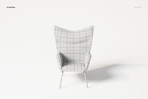 Front view of a modern armchair 3D model with a high backrest and grid pattern on a plain white background.
