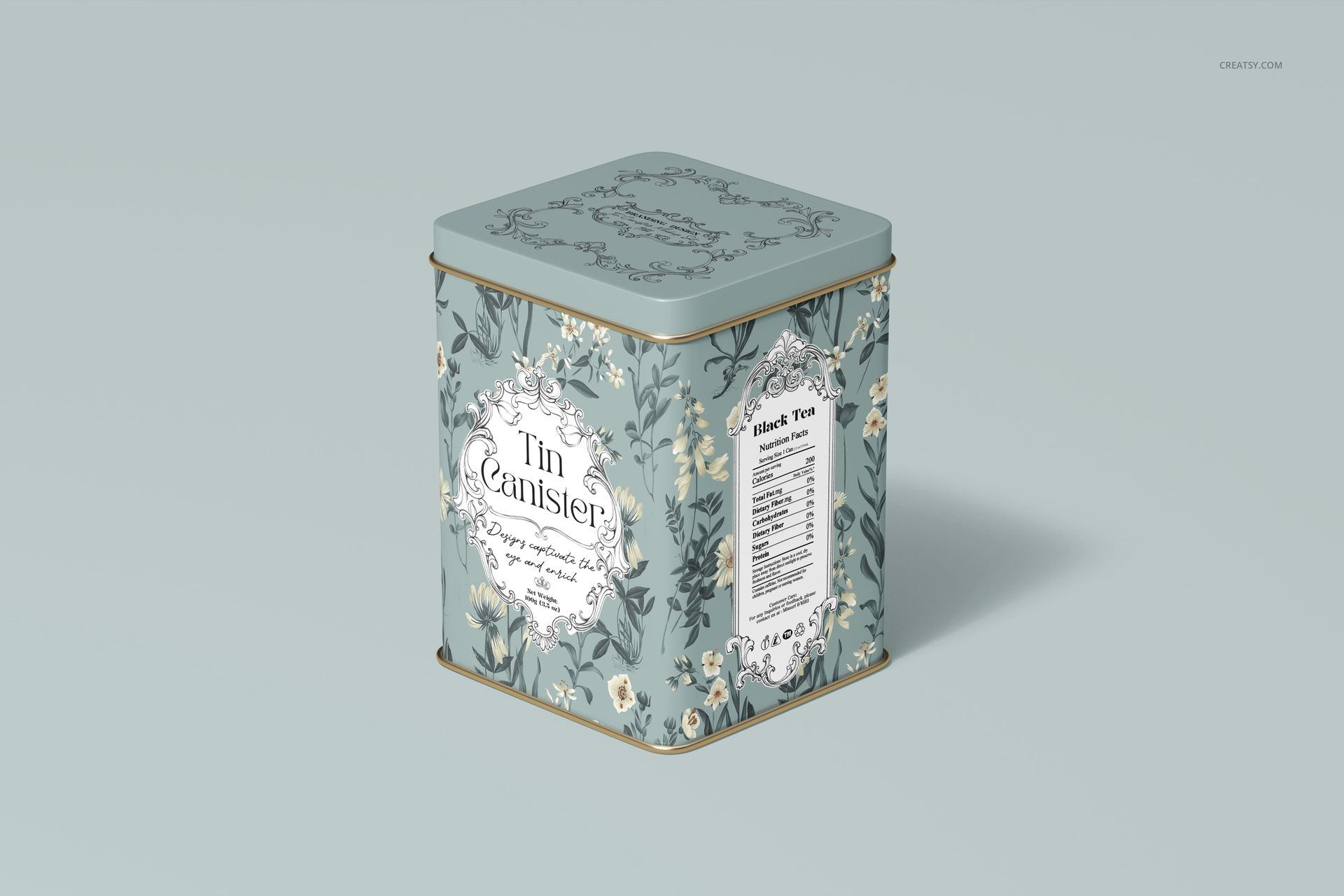 Tin canister mockup featuring a decorative floral design, soft pastel colors, and gold trim, displayed from a side angle.