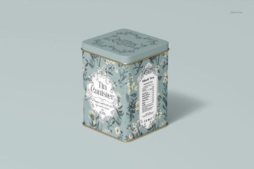 Tin canister mockup featuring a decorative floral design, soft pastel colors, and gold trim, displayed from a side angle.