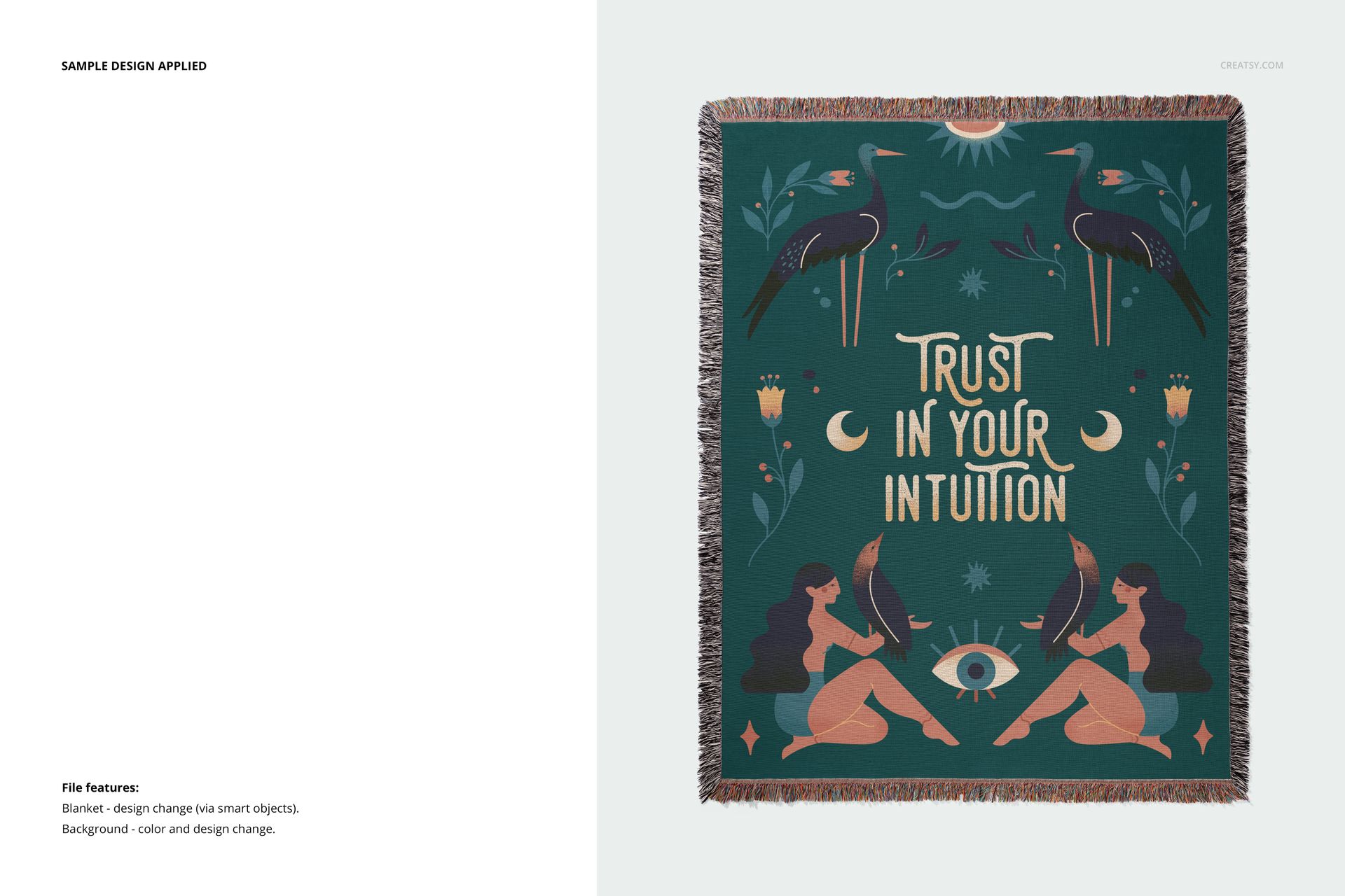 Front view of a jacquard fringed woven throw blanket mockup with a green background and mystical illustration.