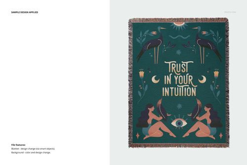 Front view of a jacquard fringed woven throw blanket mockup with a green background and mystical illustration.