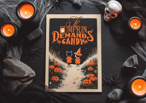 Halloween greeting card mockup featuring an illustrated pumpkin scene on a dark table with candles and rocks.