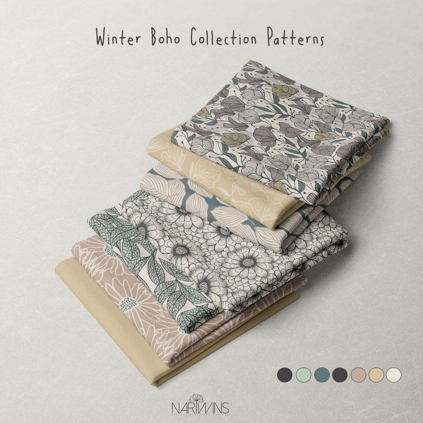 Fabric stack mockup showing six folded fabric pieces with botanical and floral patterns in muted earth tones on a light surface.
