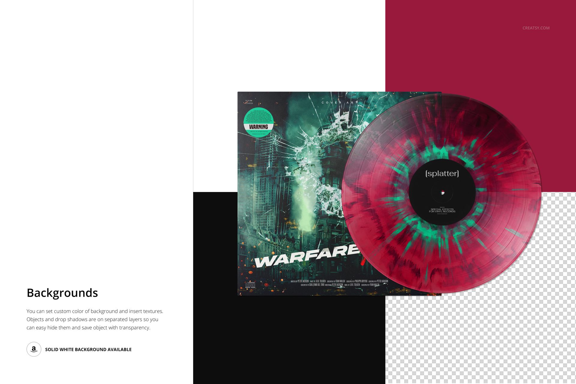 Vinyl record mockup with vibrant red and green splatter pattern displayed beside a digitally designed cover.