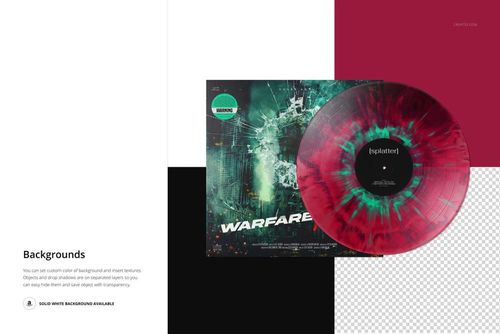 Vinyl record mockup with vibrant red and green splatter pattern displayed beside a digitally designed cover.