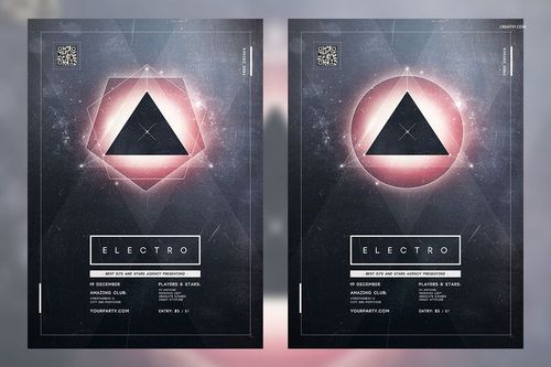 PSD mockup showing two posters side by side, each with a dark triangle and starry, abstract backgrounds.