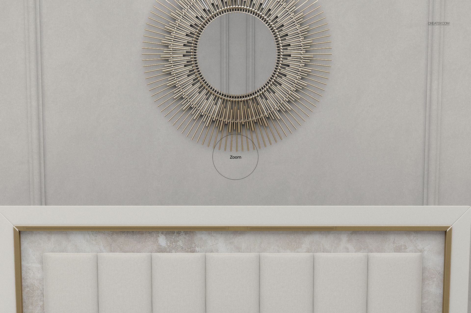 Front view of a luxury bedroom bedding mockup featuring a padded headboard and a decorative round mirror above.