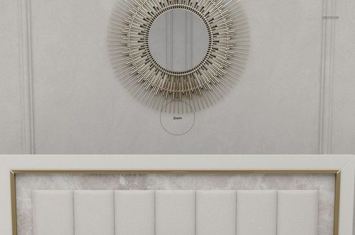 Front view of a luxury bedroom bedding mockup featuring a padded headboard and a decorative round mirror above.