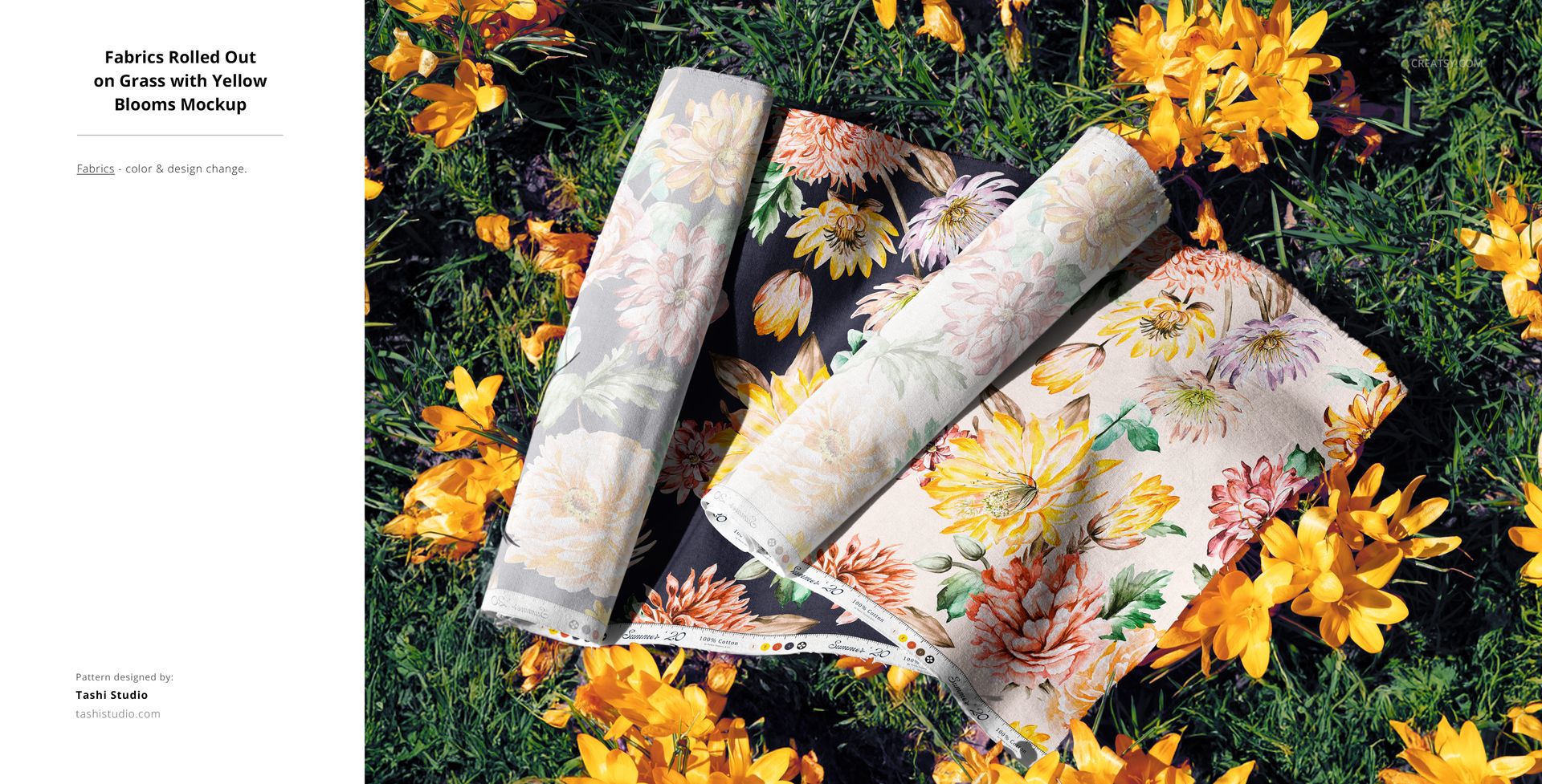 Outdoor mockup showing fabric rolls with various flower prints placed on grass among yellow blooming flowers.