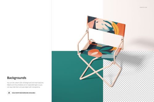 PSD mockup of a folding directors chair featuring a geometric multicolor design, placed on teal and white backgrounds.