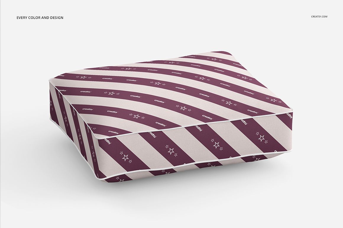 Front view of a rectangular pillow mockup featuring alternating maroon and beige diagonal stripes with star accents.