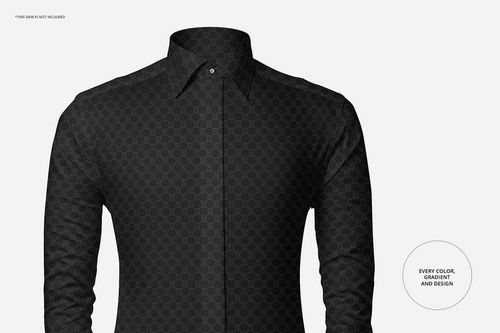 Front view of a long-sleeve formal dress shirt mockup in dark color with subtle geometric pattern on a light background.