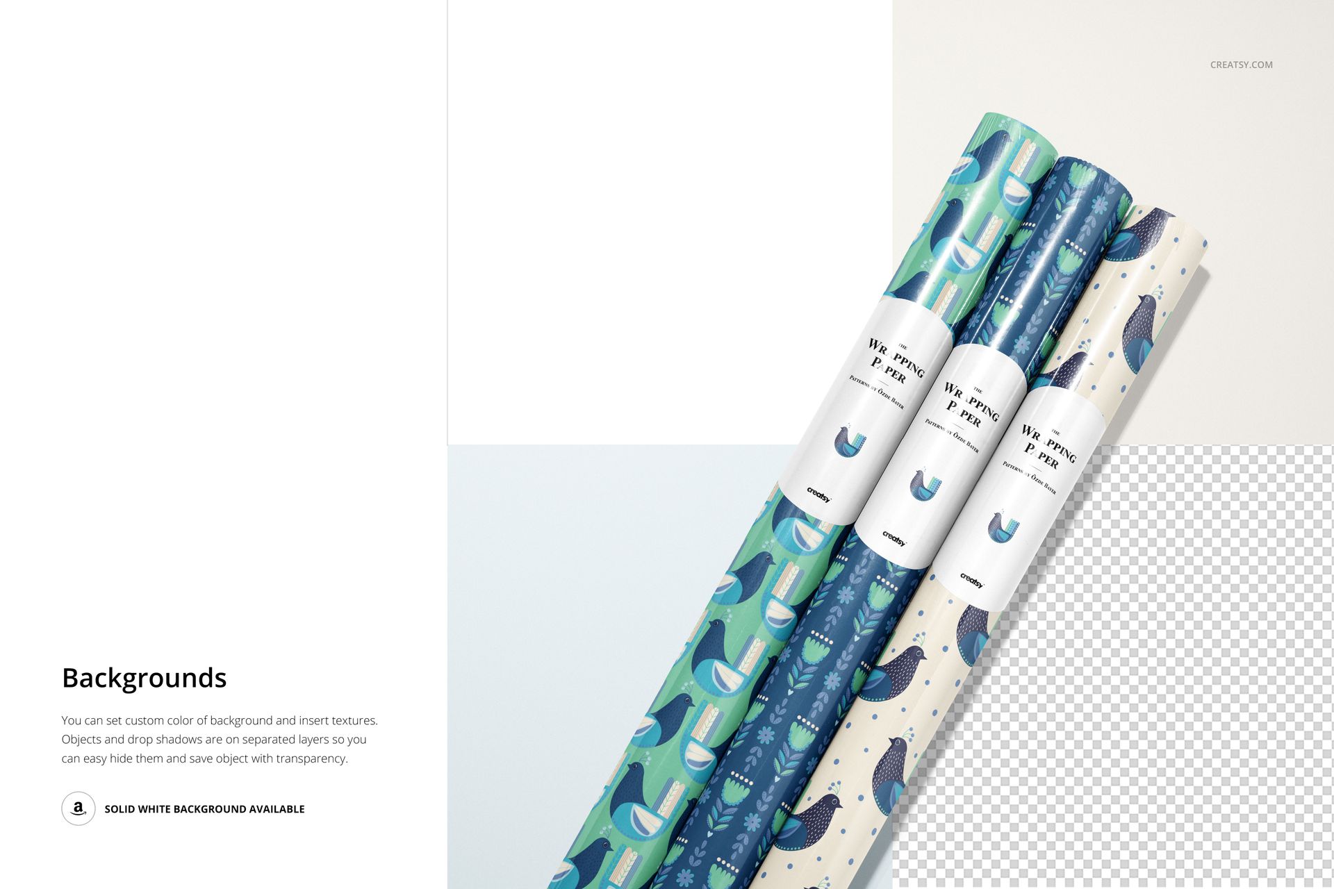 Gift wrapping paper mockup featuring three rolled sheets with bird and leaf designs in blue, teal, and cream shades.