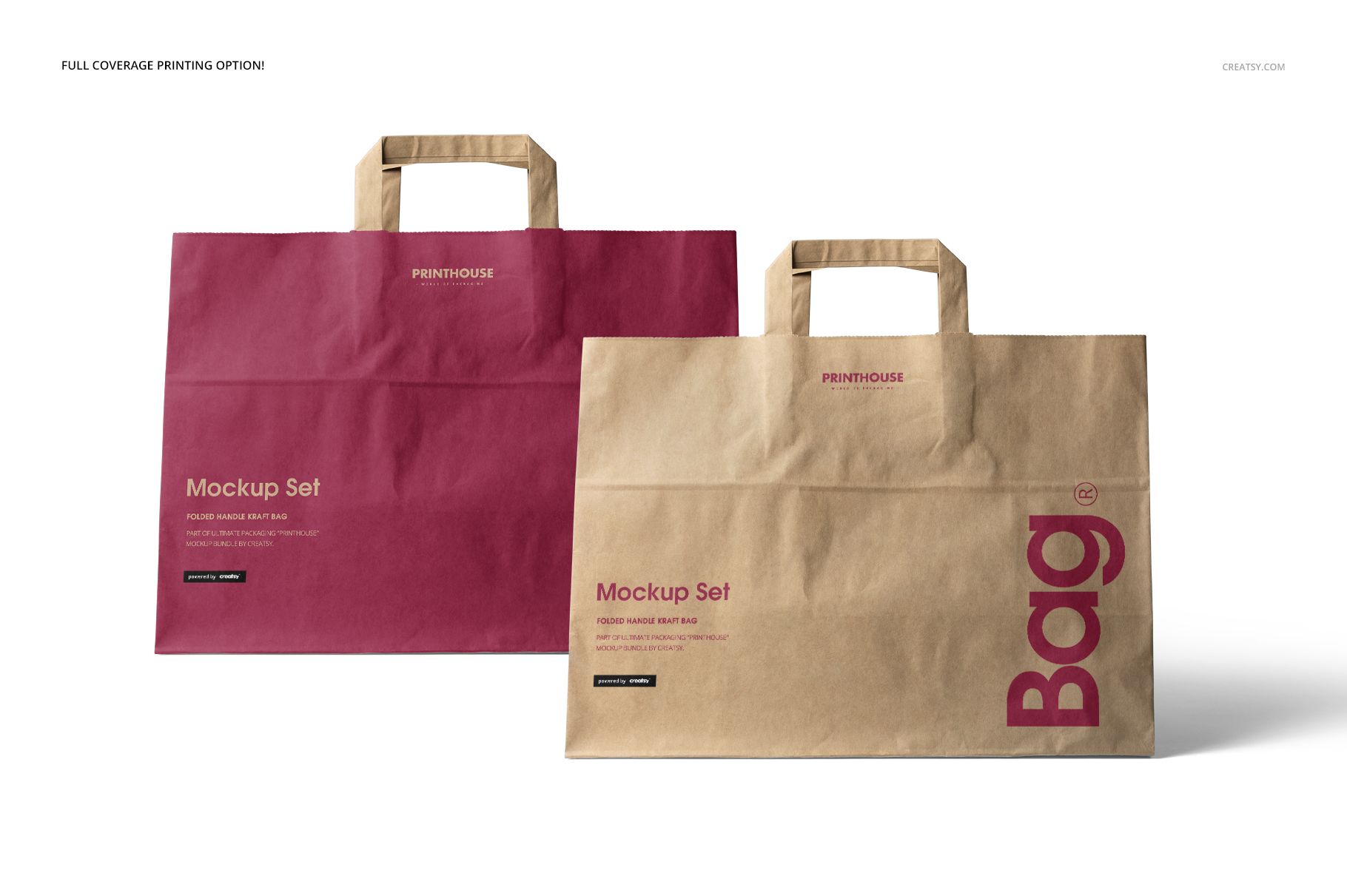 Folded handle kraft paper bag mockup set featuring two bags, one solid burgundy and one plain brown, side by side.