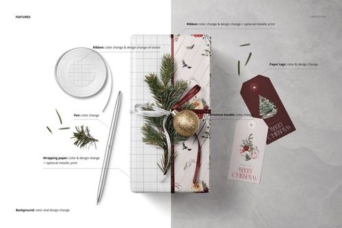 Christmas PSD mockup featuring a boxed gift with holiday wrapping paper, ribbon, pine sprigs, and a gold ornament.