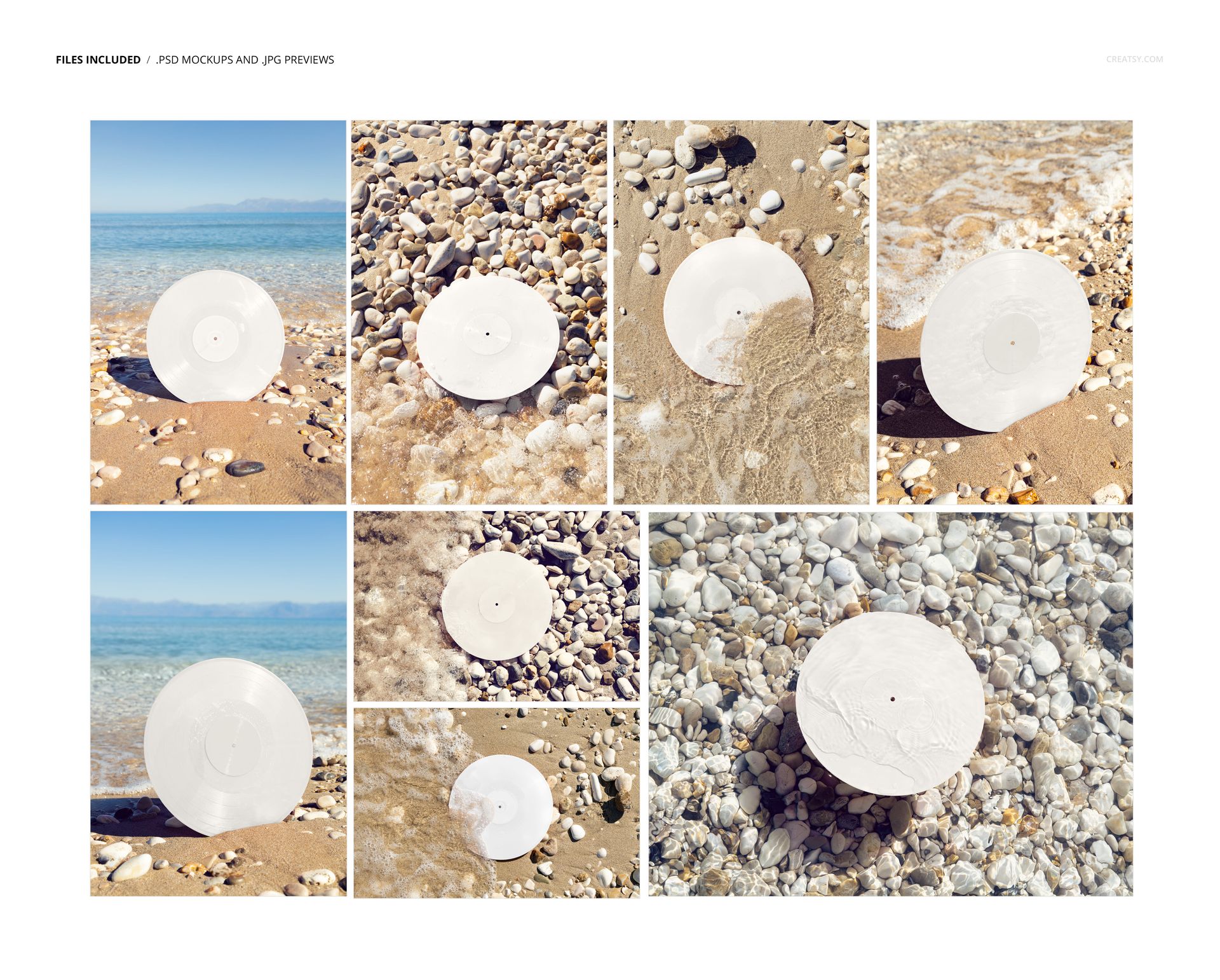 Vinyl record with a light color and subtle effects displayed on a rocky beach, shown in various outdoor mockup scenes.