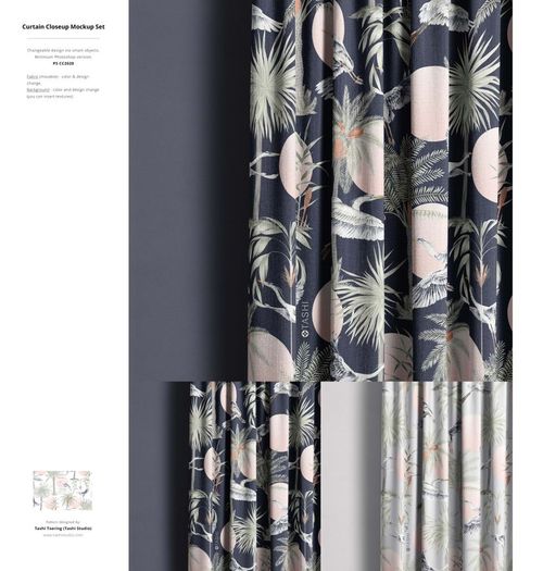 Front view of fabric curtain mockup with tropical leaves and bird pattern in muted pink and green on dark background.