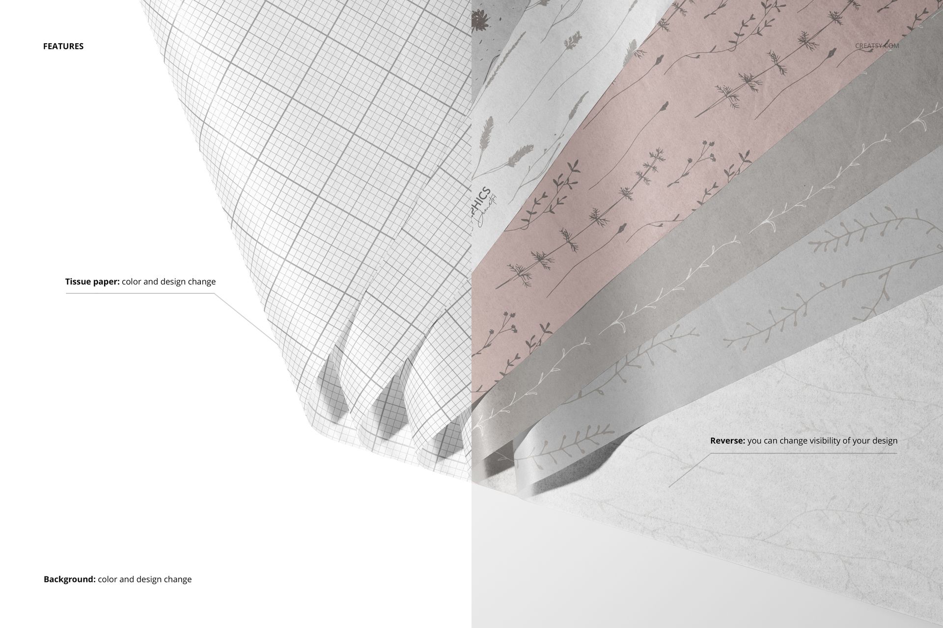 Layered tissue paper mockup featuring soft pink, gray, and white sheets with delicate botanical designs.