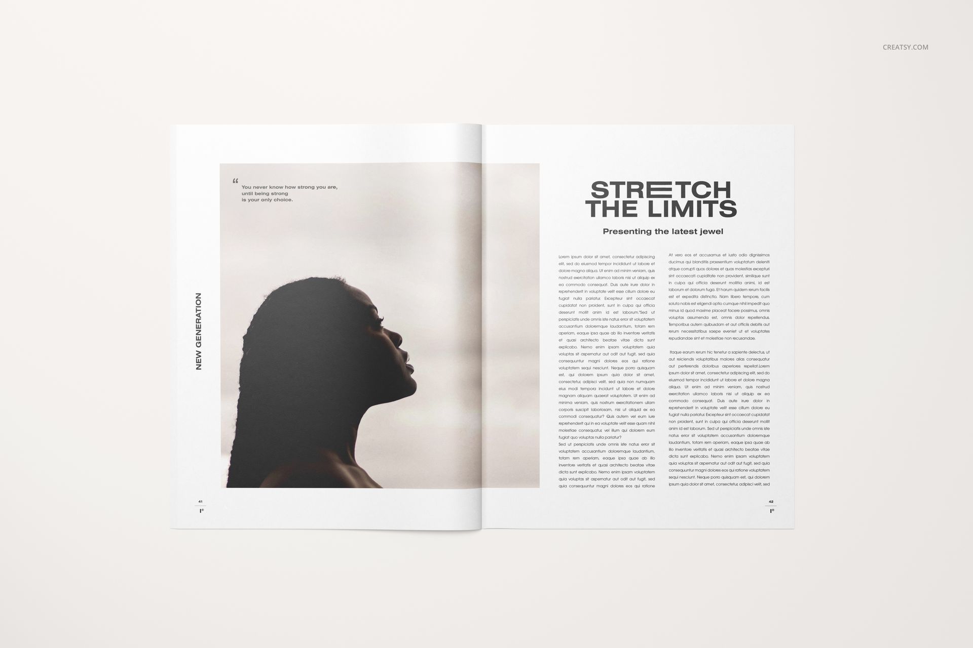 Open magazine mockup displaying a two-page spread with minimal text layout and a large grayscale photo on the left.