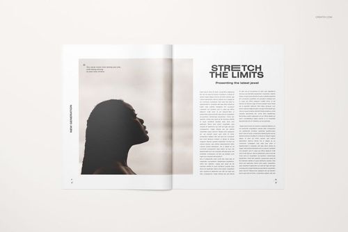 Open magazine mockup displaying a two-page spread with minimal text layout and a large grayscale photo on the left.