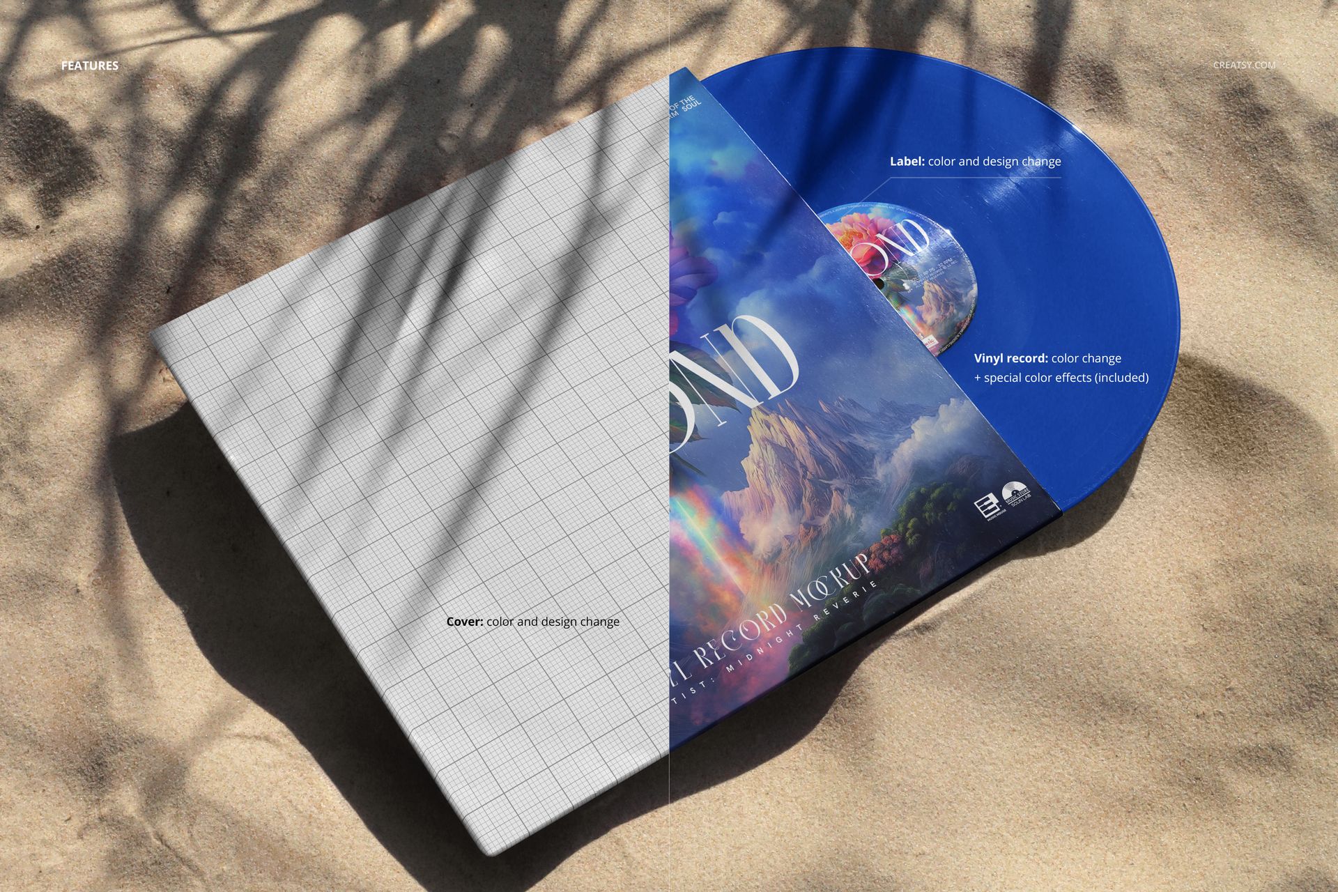 Top view of a vinyl record and album cover mockup on textured sand, with natural light and soft shadow effects.