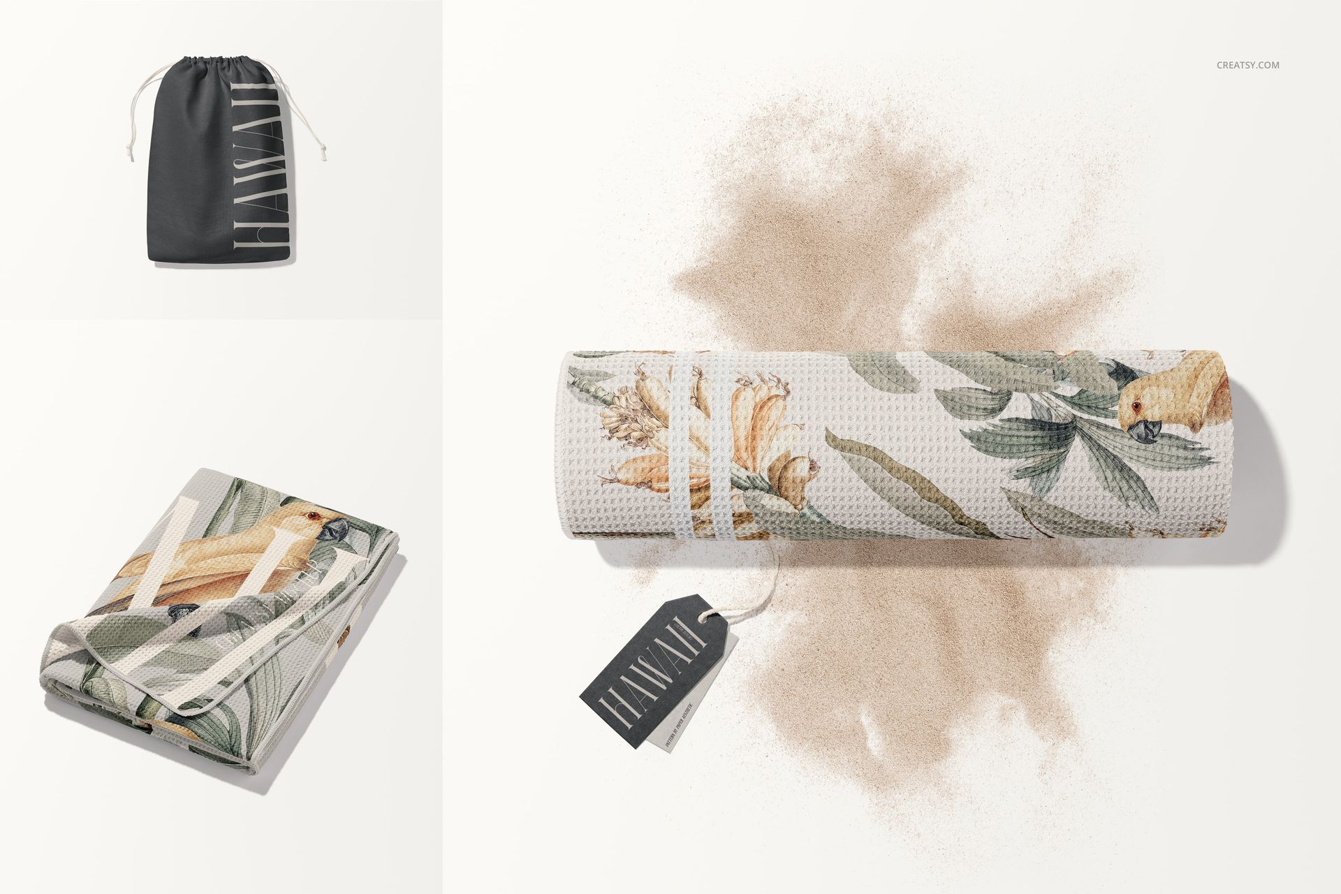 PSD mockup of a beach towel with textured waffle surface, tropical print, and sand, alongside bag and folded presentation.