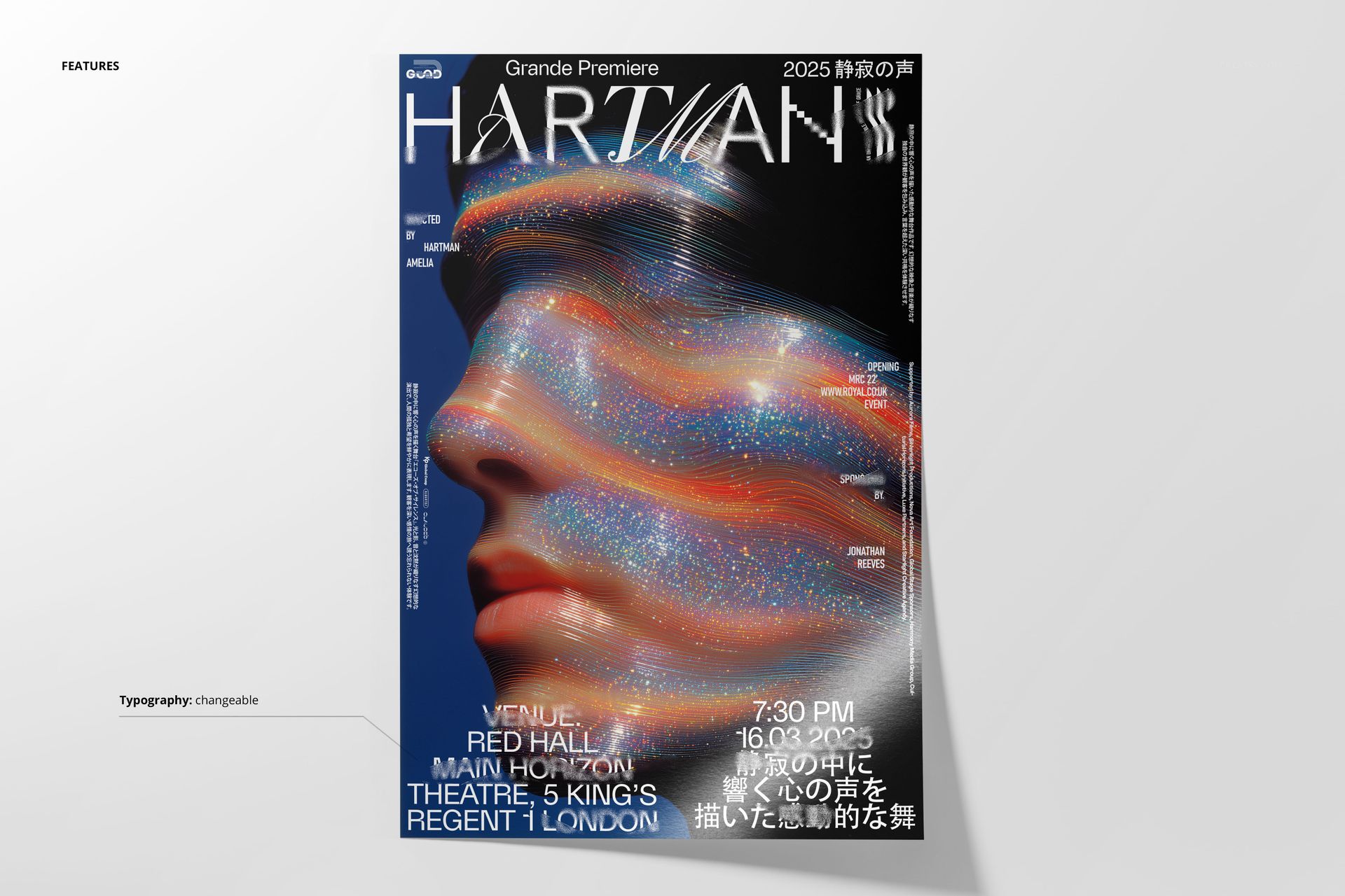 Front view of a poster mockup featuring a human face with colorful, ethereal spectrum patterns across the skin.