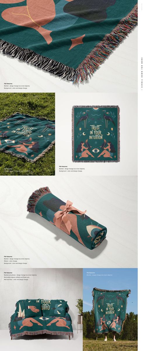 Jacquard woven throw blanket with fringed edges, featuring abstract patterns in green and peach, shown in various mockup scenes.