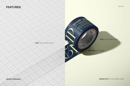 Wide masking tape roll unrolled on a light surface, featuring dark blue and gold colors, shown in a PSD mockup.